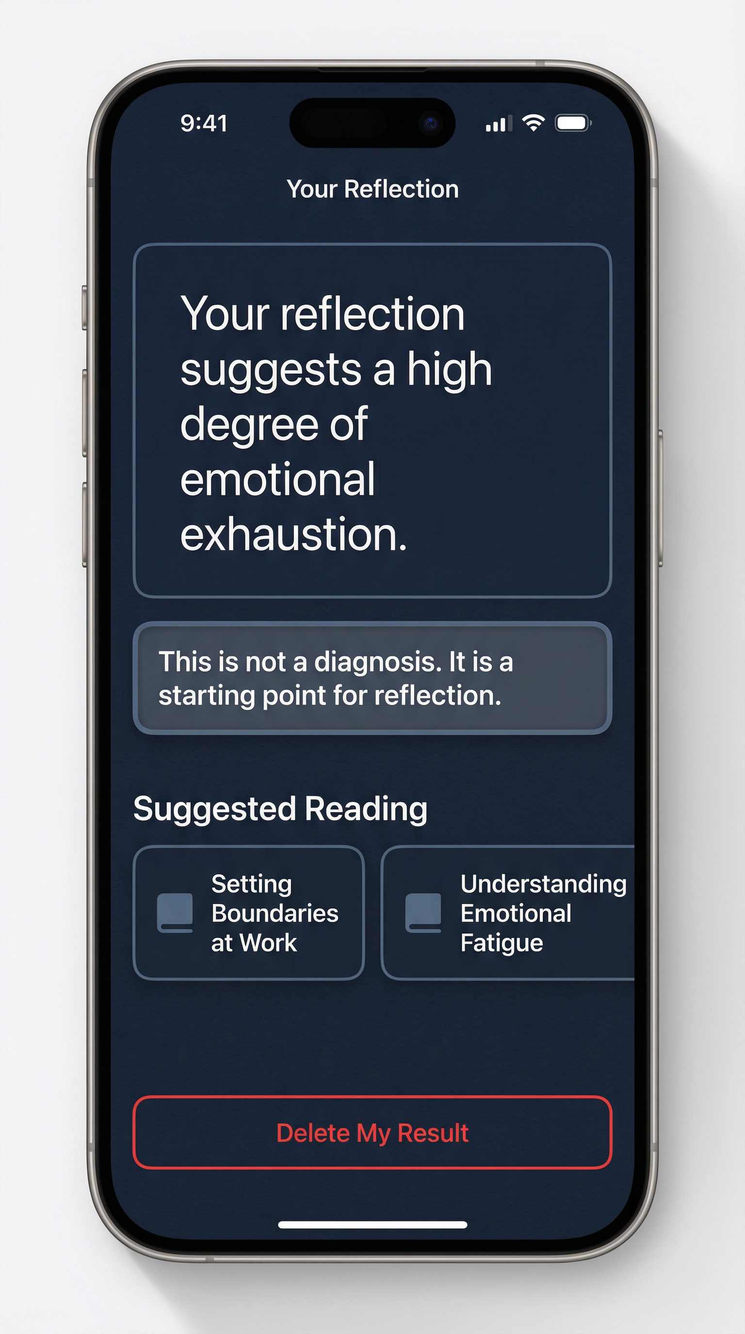 RESOLVNA Burnout Assessment Result Screen